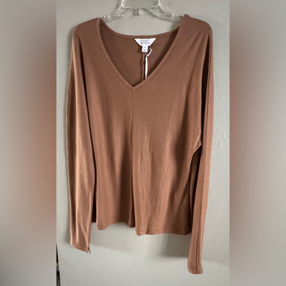 NWT Market and Spruce Women's Long Sleeve Ribbed Top V-Neck Sz XXL Caramel Brown